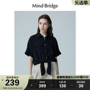 Mind Bridge夏季黑色绑带短袖衬衫女士通勤翻领上衣设计感衬衣