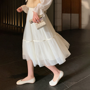 网纱半身裙2023春秋赫本风，高腰中长款蓬蓬，蛋糕裙白色仙女纱裙