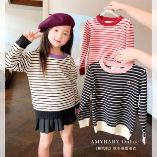 Amybaby女童套头针织衫2023春季儿童条纹字母撞色长袖上衣