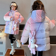 女童秋冬加绒加厚中长款棉服2023小女孩免洗棉衣，儿童冬季外套