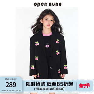 opennunu女童彩色立体樱桃西装外套春秋中大童垫肩宽松中长款西服