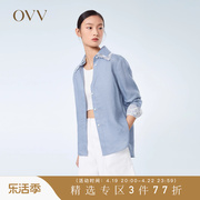 ovv春夏女装高支，亚麻镂空花边，复古撞色长袖休闲衬衫