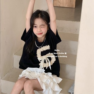 韩系气质设计感珍珠女童，小香风宽松短袖，t恤蝙蝠衫上衣24年春夏