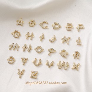 14k包金双吊字母铜镶锆石水晶diy手链，项链手作材料配件