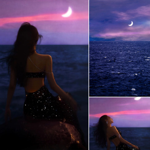 夕阳日落模特美女少女艺术写真室内影棚夜晚创意海边夏天海滩大海，拍照道具摄影背景布喷绘(布喷绘)帆布mh-1057