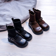 儿童靴子女春秋单靴宝宝，袜靴英伦风皮靴黑色，小童短靴女童马丁靴