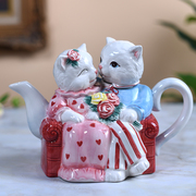 方亚陶瓷手工萌猫茶壶情侣，猫摆件送闺蜜浪漫玫瑰花对猫