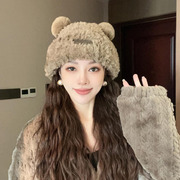韩版可爱耳朵小熊毛线帽子女冬季甜美软糯毛绒绒保暖护耳针织帽潮