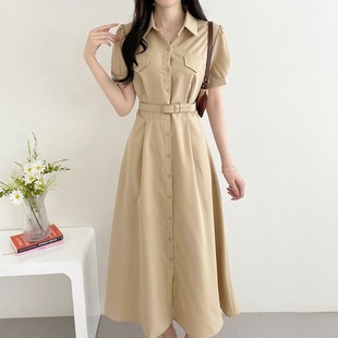 韩国chic夏季法式复古气质假口袋单排扣腰带收腰泡泡袖衬衫连衣裙