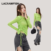 LA CRAWFISH韩系圆领肌理感垫肩抽绳修身显瘦针织长袖T恤上衣女