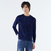 liu·jouomo宝蓝色男士时尚，休闲植绒舒适圆领套头长袖t恤秋季