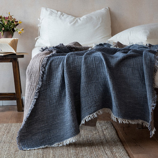 a类全棉四层纱布色纺双拼马卡龙(马卡龙)流苏毯日式复古沙发毯子盖毯夏季