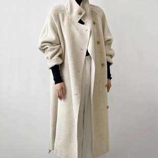 韩版廓形斜襟羊毛，宽松100%双面羊绒大衣女秋冬宽松长款毛呢外套