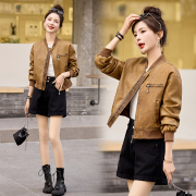 卡其色麂皮绒夹克女短款2024春季韩版复古休闲时尚设计感外套
