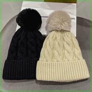 2023年格纹毛球毛线帽子女秋冬季韩版百搭青年加绒加厚保暖针织