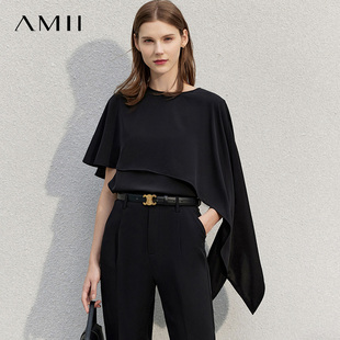 Amii2024秋季仿醋酸雪纺衫女不对称斗篷假两件衬衫设计感上衣