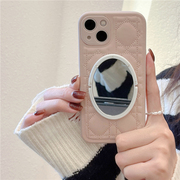 小羊皮粉色iphone14/13pro max镜子手机壳菱格纹皮质全包防摔线条12苹果11补妆镜适用14promax创意小众保护套