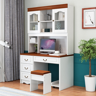 书桌书架组合学生写字台书柜，一体简约现代实木，家用欧式台式电脑桌