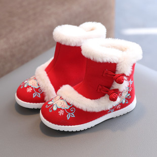 汉服鞋子女童冬季中国风拜年鞋儿童红色，棉靴古装绣花鞋民族风靴子