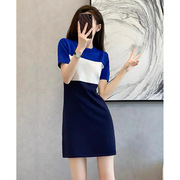 蓝色撞色气质针织连衣裙女2024年夏季小香风修身显瘦中长裙子