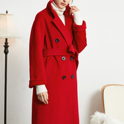 9.4山羊绒高端m家红色，羊绒大衣女中长款经典，气质加厚毛呢外套
