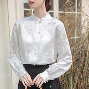 白色新中式国风高端改良盘扣上衣女装2024早春汉元素立领长袖衬衫