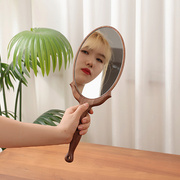 手柄化妆镜手拿手持复古实木美容镜子高清便携随身镜子桌面梳妆镜