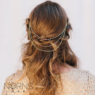 Norns欧洲波西米亚皇宫风格珍珠水钻链多层次后头饰发夹背头链