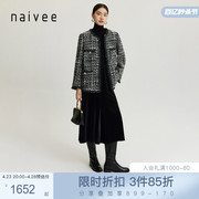 商场同款naivee纳薇23冬小香风羊毛粗花呢圆领直身大衣外套