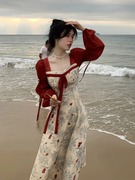 法式复古国风红色早春连衣裙，碎花方领显瘦遮肚设计感气质系长裙