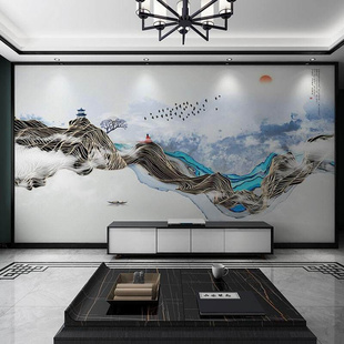 现代中式抽象水墨沙发书房，客厅影视墙布定制电视，背景墙壁纸壁画