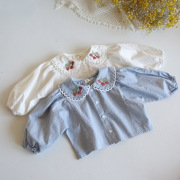 韩国婴幼童装可爱纯棉公主衬衫，春季女宝宝长袖翻领绣花娃娃衫