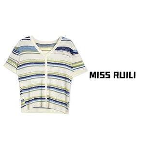 MISS RUILI定制 气质V领修身条纹撞色冰丝针织衫A6983