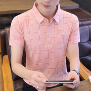 夏季短袖t恤男士韩版潮流，男装polo衫潮牌翻领，半截袖休闲格子衬衫