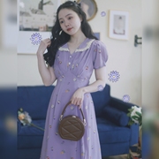 芋圆女孩 独立日2023年夏季新 清新印花甜美紫色原创连衣裙