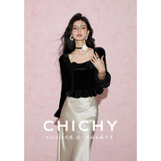 CHICHY法式名媛赫本风黑丝绒衬衫女24春季设计感长袖内搭上衣