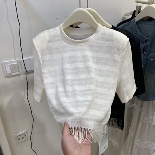 韩版设计感小众小香风流苏垫肩短袖T恤女2024夏时尚短款上衣