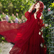 采红菱红色v领蕾丝花边连衣裙，女夏季收腰拼接长裙雪纺大摆裙