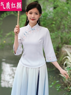 中式唐装民国风改良旗袍，上衣夏季中国风，汉服棉麻绣花茶艺服两件套