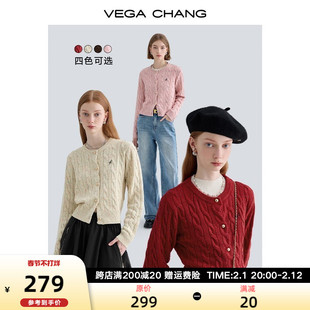 vegachang新年系列针织，开衫女春秋，复古圆领绞花新年红针织衫