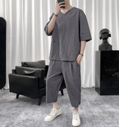 中国风男装夏季棉麻套装v领体恤亚麻t恤男短袖七分裤搭配两件套潮