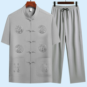 夏季唐装男短袖中老年中国风，爸爸装套装，中式父亲棉麻老人爷爷衣服