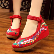 老北京布鞋女鞋春夏民族风绣花鞋坡跟单鞋内增高红色婚庆鞋广场舞