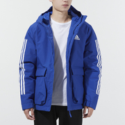 Adidas阿迪达斯连帽棉服男2024冬季蓝色休闲服短款运动外套