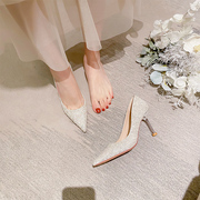2023年高级感婚鞋女细跟尖头伴娘鞋浅口水晶高跟鞋秀禾服日常可穿