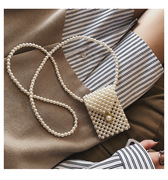 串珠珍珠包迷你(包迷你)珍珠，复古vintage斜挎包零钱包腰包手工串珠