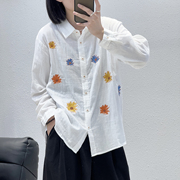 4.13福利jiu-w5569韩版重工，刺绣花朵长袖，双层纱衬衫