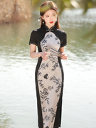 新中式国风设计感改良黑色水墨旗袍年轻款，高级感连衣裙2023年夏季