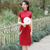 2023春季中国风旗袍红色立领蕾丝中长短袖连衣裙淑女气质款长裙