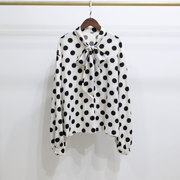 小众设计感衬衫女2024春季法式韩版雪纺长袖上衣黑色波点衬衣